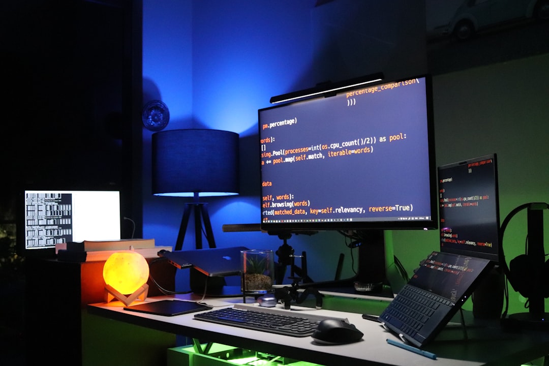 black flat screen computer monitor on green desk, Hacker