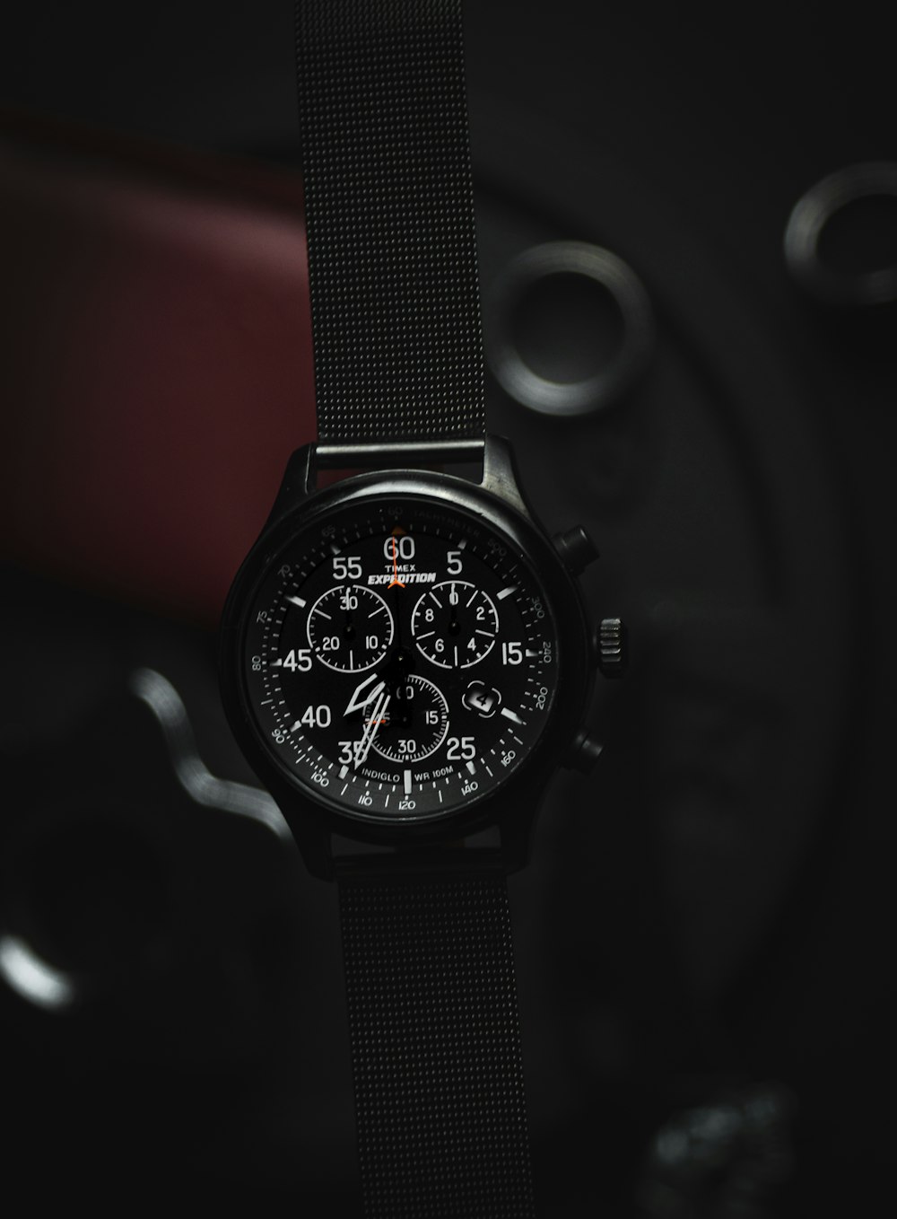 silver and black chronograph watch