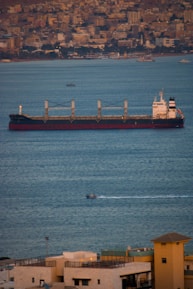 A large cargo ship is located in the middle of a vast body of water near a city shoreline. The cargo ship has four large cranes and appears stationary. In the foreground, there are several buildings with flat rooftops and a small speedboat moving quickly across the water, leaving a white trail behind it.