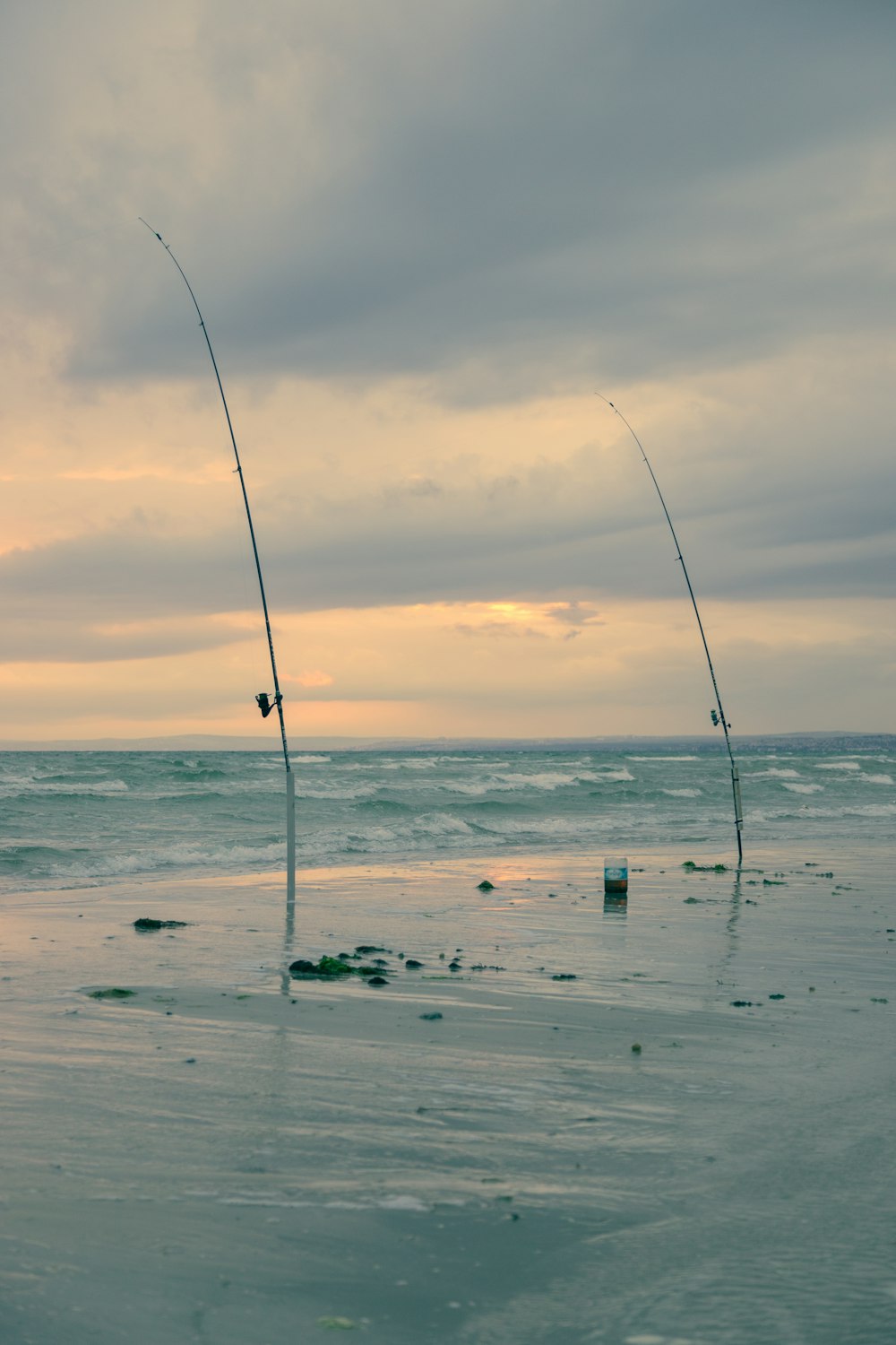 fishing rod on sea shore during sunset