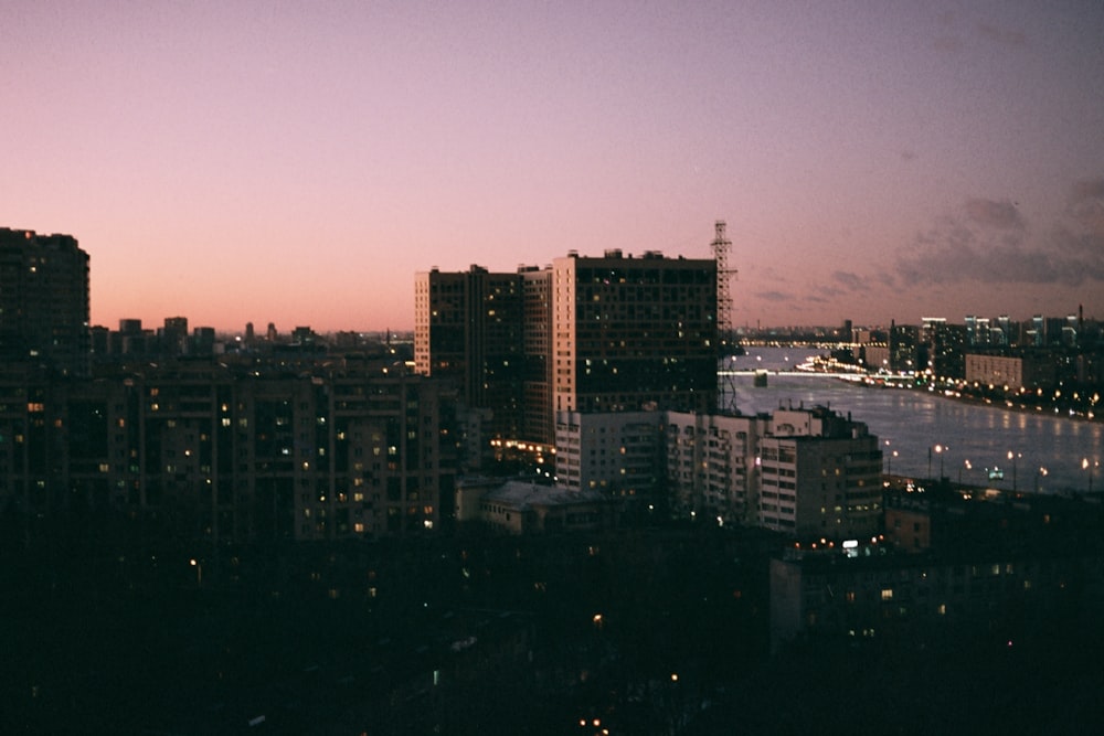 city skyline during night time