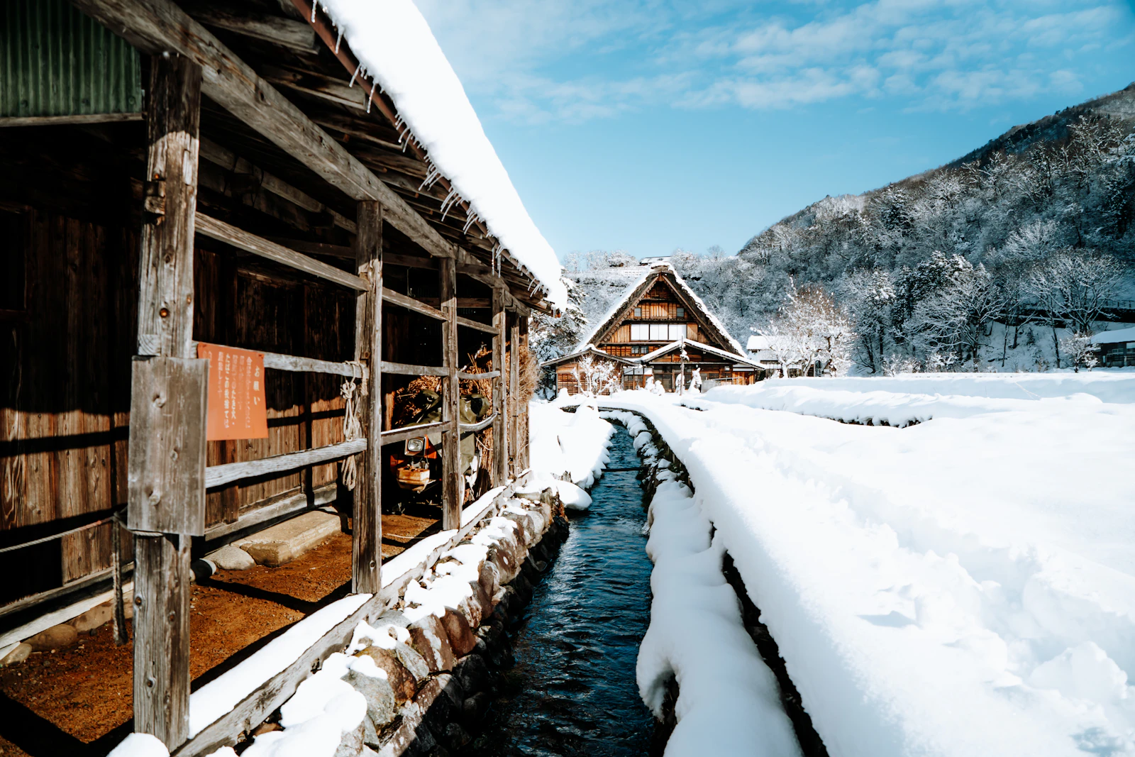 Thatched gassho-zukuri farmhouse in the snow below a mountain