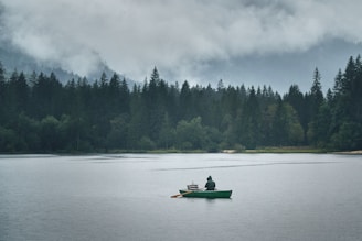 A fisherman casting a line into the calm waters surrounded by lush Alaskan forest.