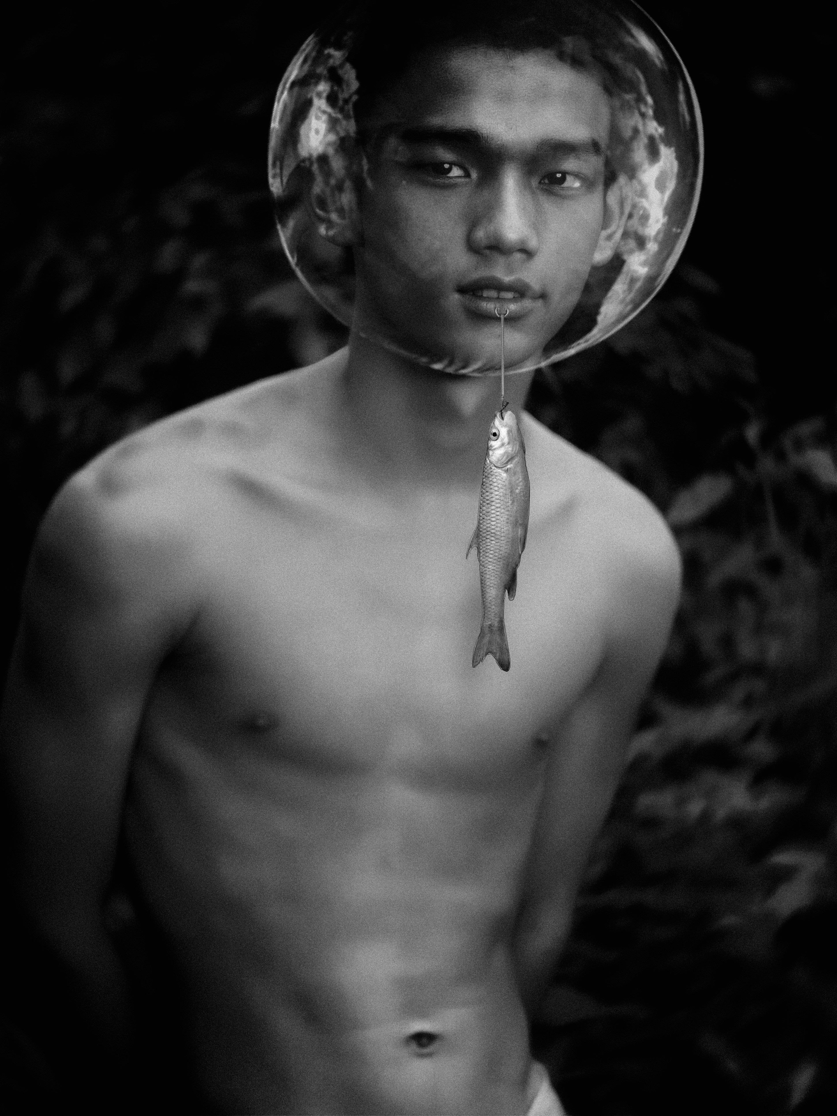 topless man with white hat