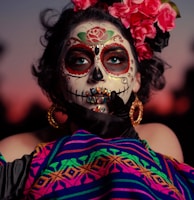 woman in red and blue floral dress with white mask