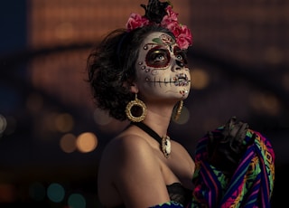 woman in red and blue floral headdress