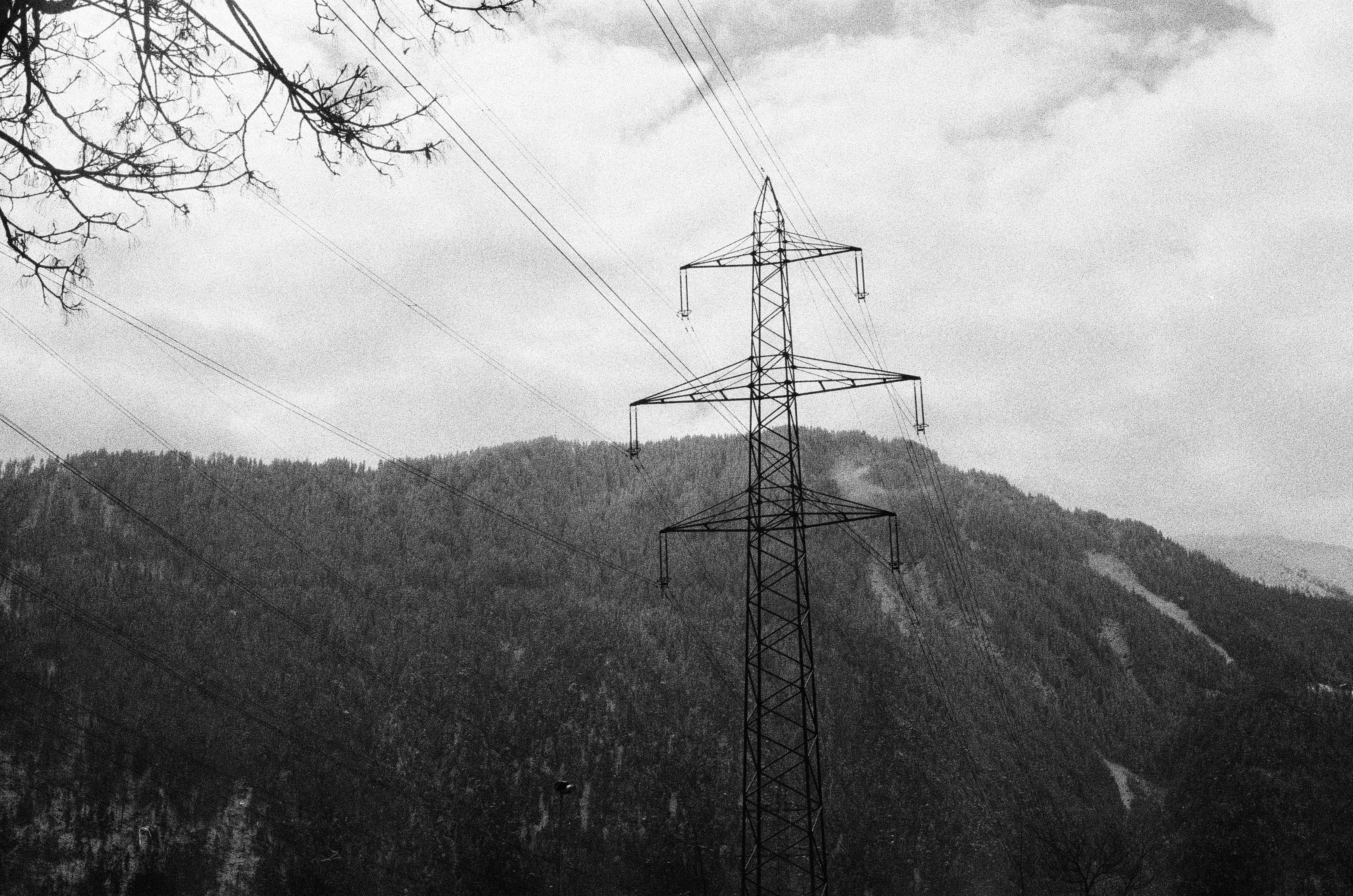 grayscale photo of electric post