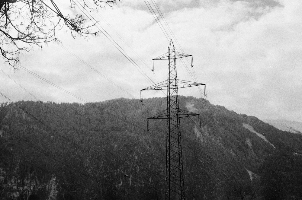 grayscale photo of electric post