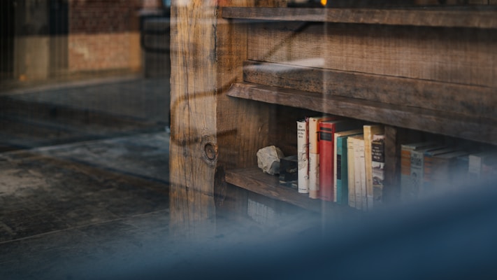 A wooden bookshelf containing a variety of books, some with visible titles, against an interior wall. The shelf is rustic and made from raw wood, adding a cozy, traditional feeling. A small rock or decorative object sits on the shelf, enhancing the aesthetic.