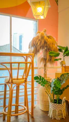 Cozy boho living room corner with rattan furniture, macrame wall hangings, and lush green plants.