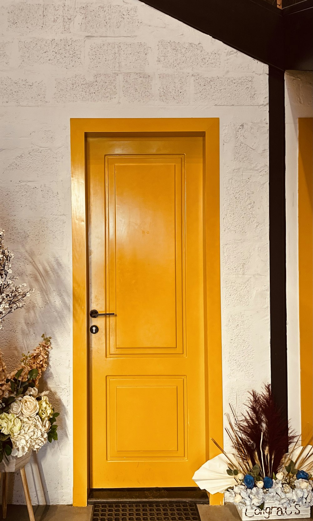 brown wooden door beside green plant