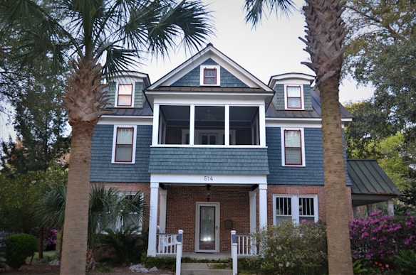 A two-story house with a combination of brick and blue siding features multiple windows and a small front porch. The roof has dormer windows with dark green trim, and there are two prominent palm trees in the foreground. Surrounding the house is a well-maintained garden with bushes and flowering plants.