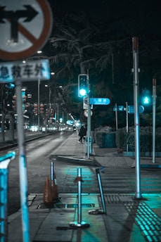 A nighttime urban street scene with traffic signs, traffic lights, and road markings. The street is illuminated by turquoise and white lights, with empty sidewalks and a person walking in the distance. The trees and decorative lanterns contribute to the urban setting.