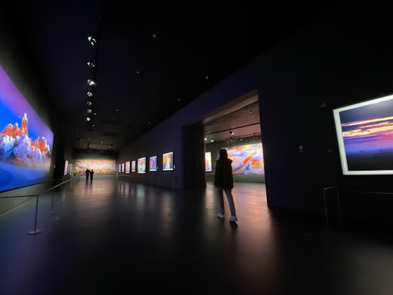 A dimly lit gallery features a series of large, vibrant landscape paintings on its walls. A person is walking through the space, examining the artwork, with more visitors visible further down the hallway. The gallery has a modern design with dark walls and a polished floor, enhanced by spotlighting focusing on the artworks.