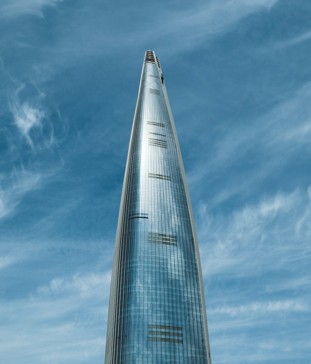 Edificio de vidrio azul y blanco bajo el cielo azul durante el día