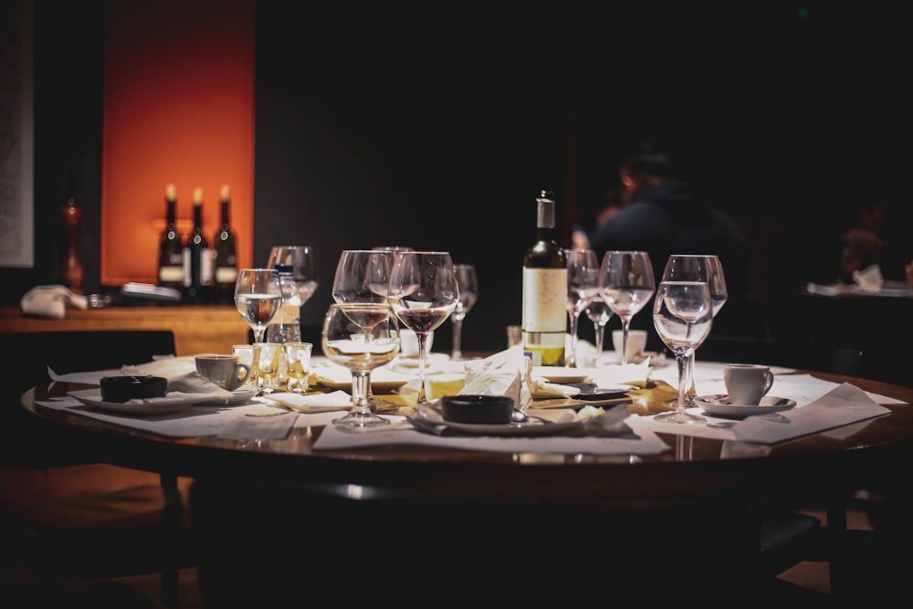 clear wine glasses on table