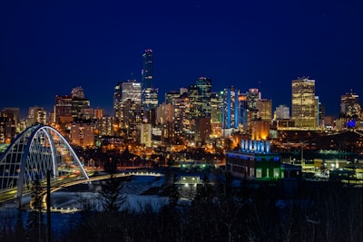 city skyline during night time
