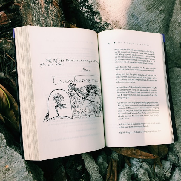 An open book displaying a reflective personal essay with delicate illustrations