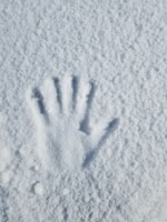 A handprint is visible in a layer of undisturbed snow, capturing the impression of fingers and palm in crisp detail. The surrounding snow appears smooth and untouched, enhancing the visibility of the imprint.
