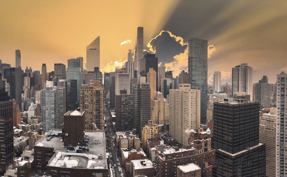 high rise buildings during sunset