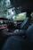 The interior of a luxury car features modern black leather seats and a sleek dashboard with illuminated controls. The ambient lighting along the dashboard adds an elegant touch, while the outside view through the windows reveals a green, leafy landscape.