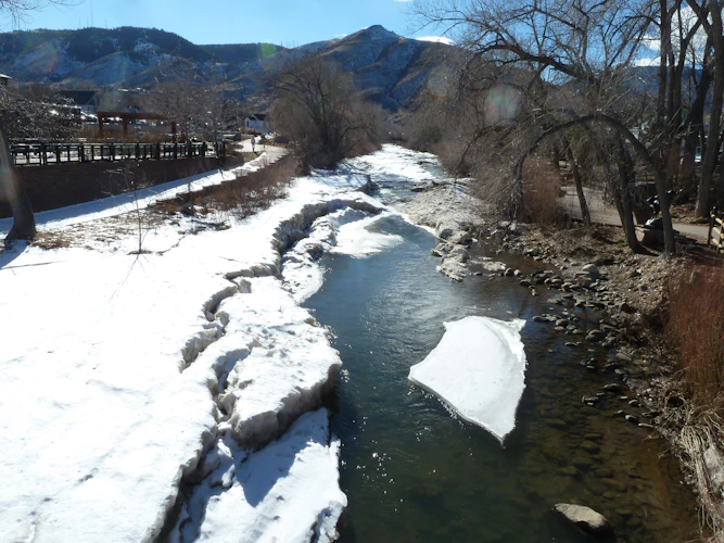 Snow-lined banks along a Colorado tailwater in winter