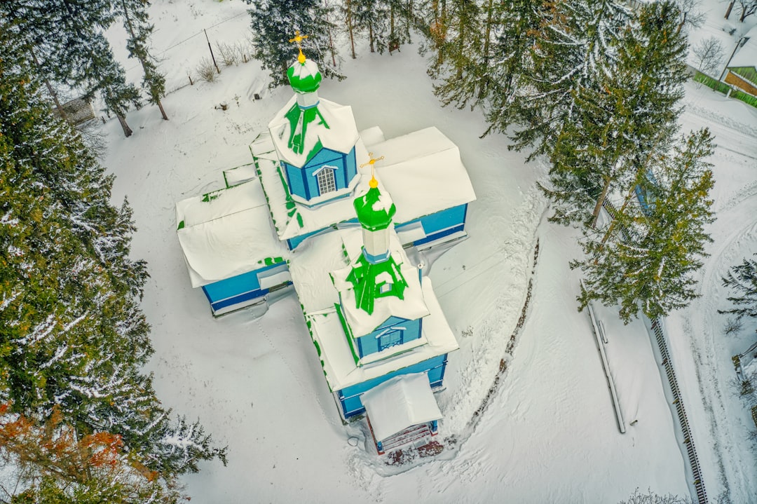 green and white snow covered house