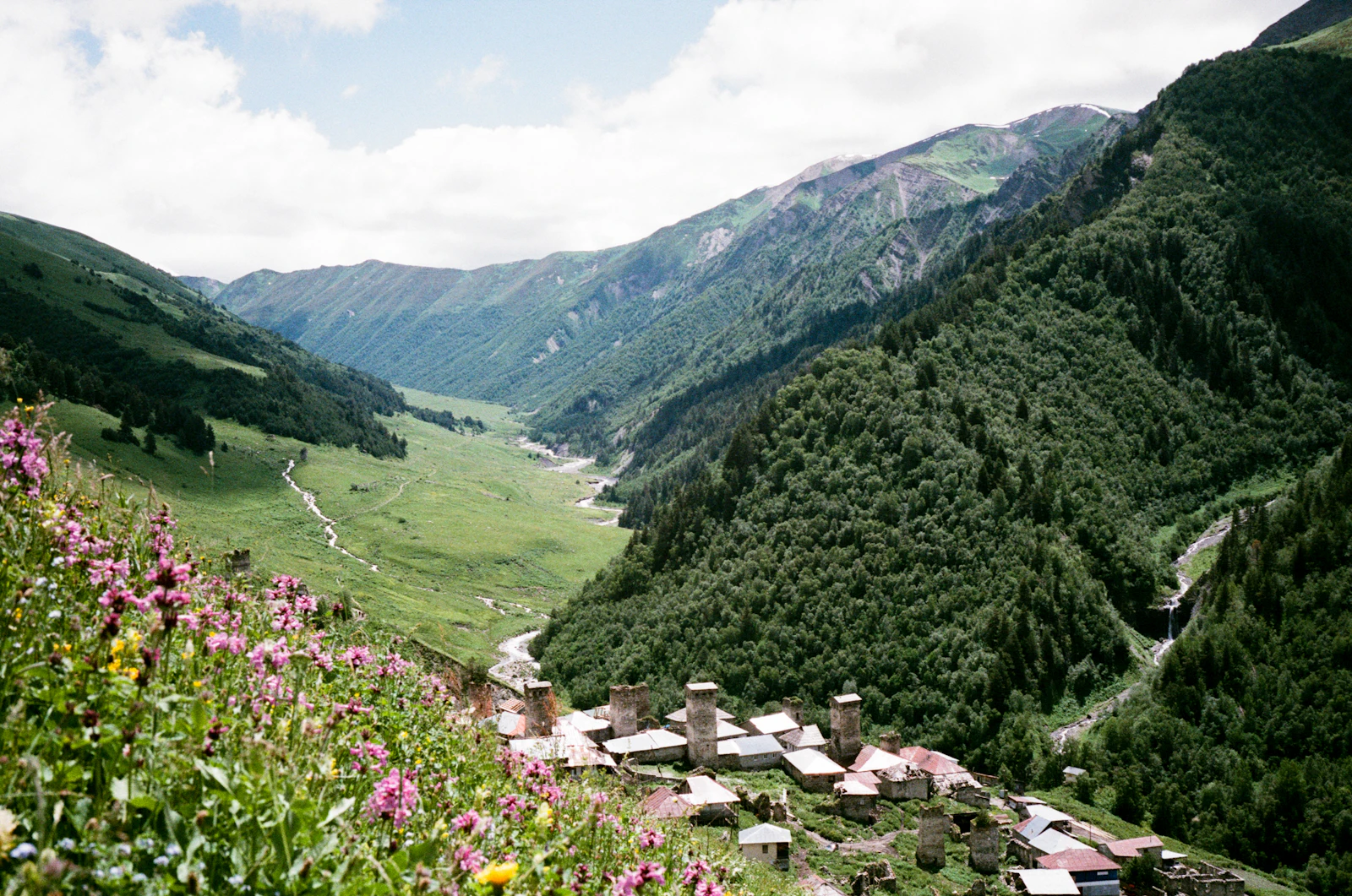 Caucasus peaks above the Adishi valley on a guided day hike, Svaneti