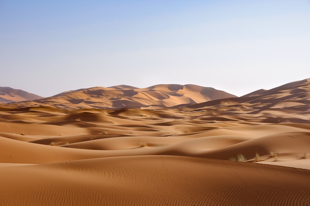 昼間の青空に覆われた茶色の砂漠