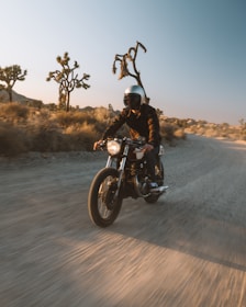 A motorcyclist rides along a dusty, winding road through a desert landscape dotted with Joshua trees. The scene captures the warm glow of the setting or rising sun, casting long shadows and an atmospheric light. The rider wears a helmet and leather jacket, leaning slightly forward on a vintage-style bike.