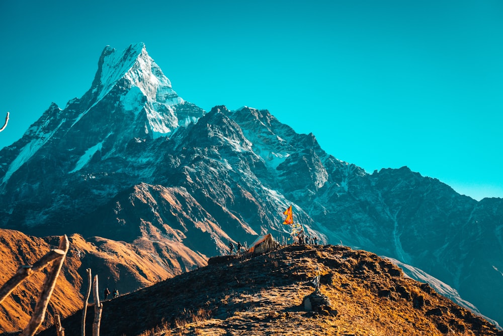 person standing on rock near snow covered mountain during daytime