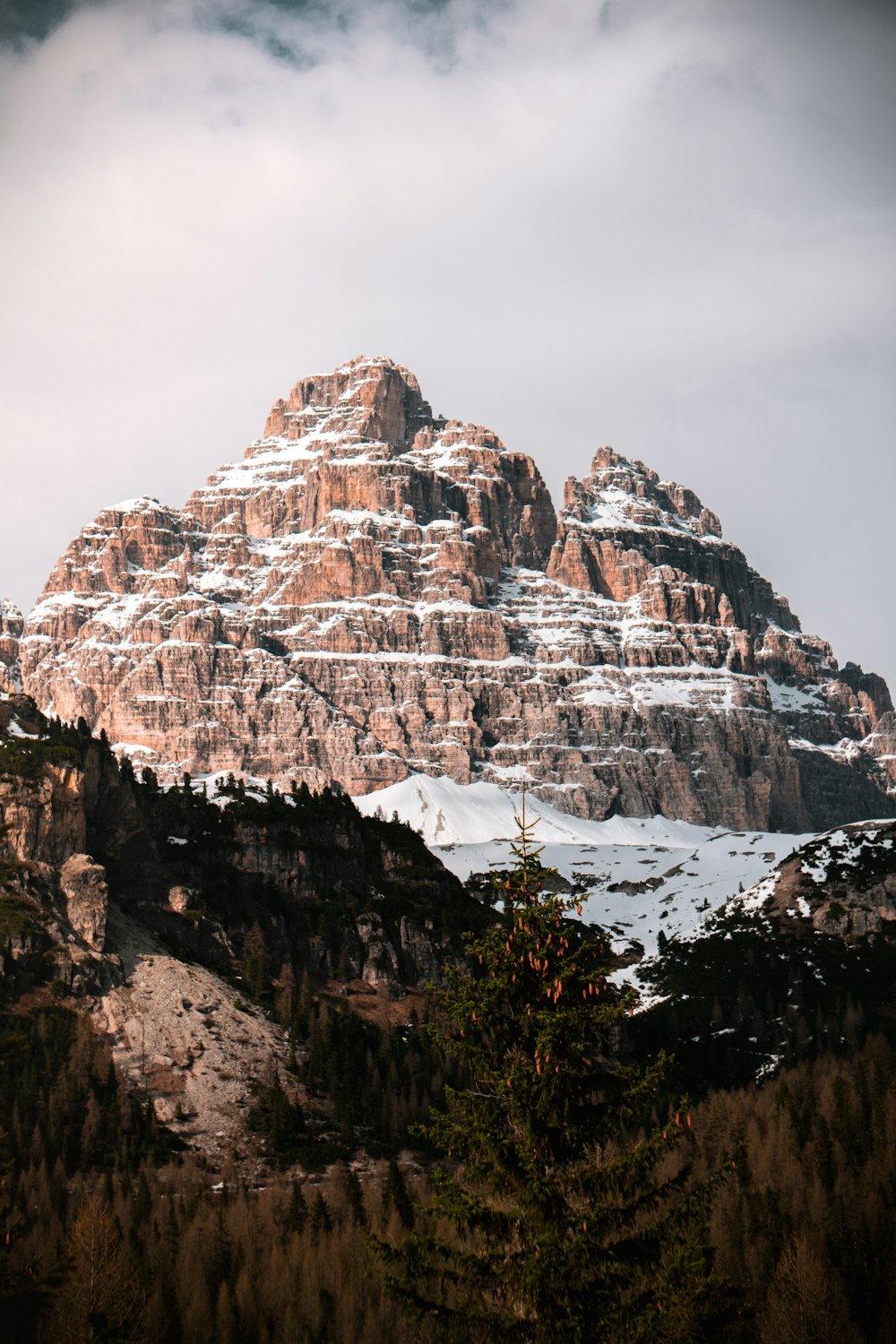 montanha rochosa marrom coberta de neve