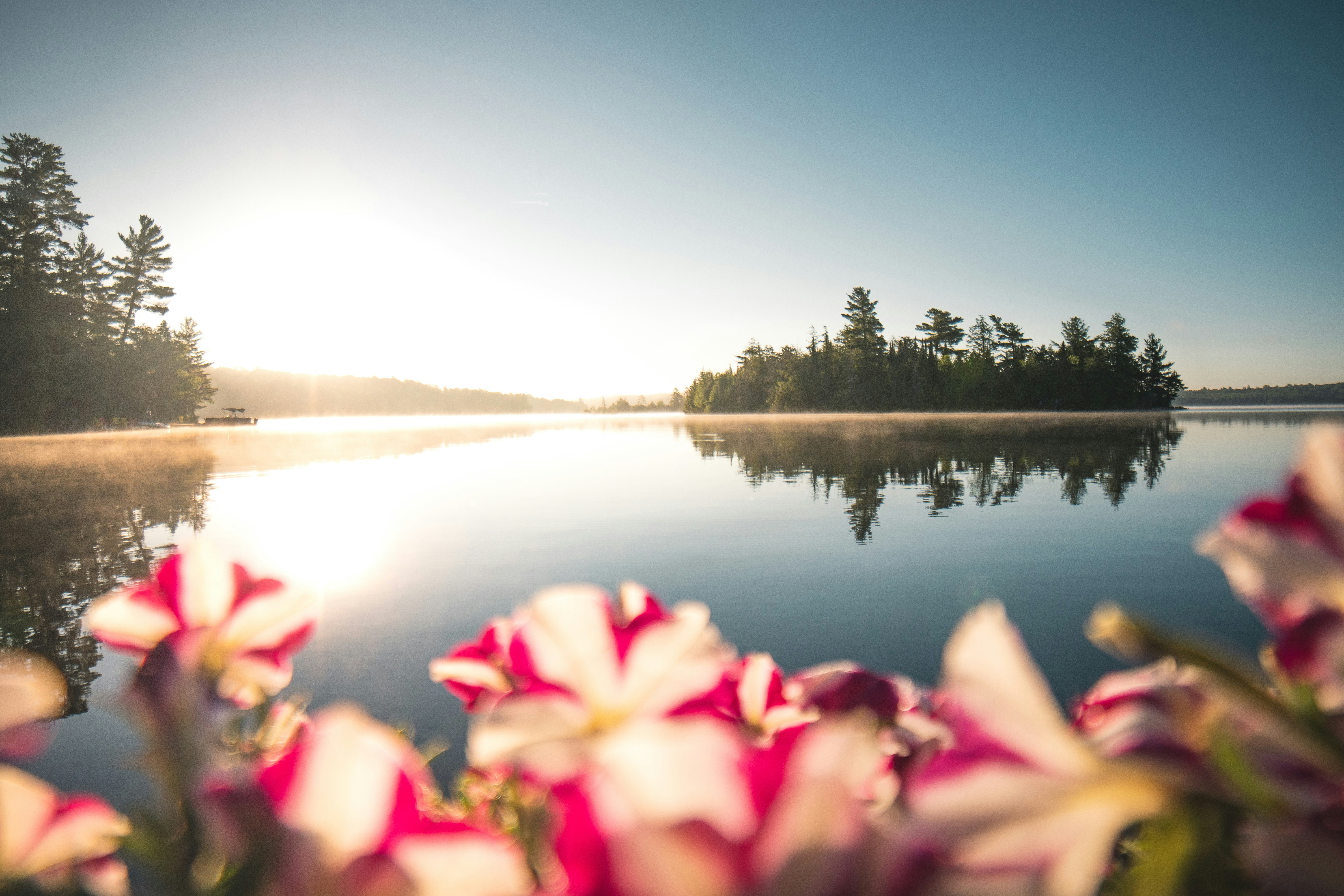 A calm lake morning with the sun rising behind a lone island.