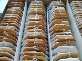 Rows of tea bags are neatly arranged in a box, each labeled with a tag attached by a string. The tea bags are aligned in an orderly fashion, revealing a brown and white color scheme.