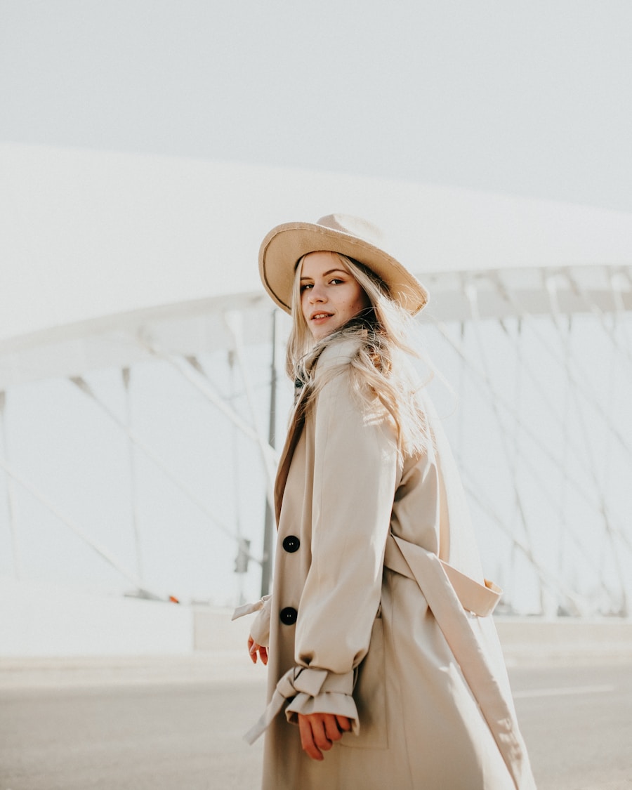 Lafayette Long Trench in cream, with brimmed hat
