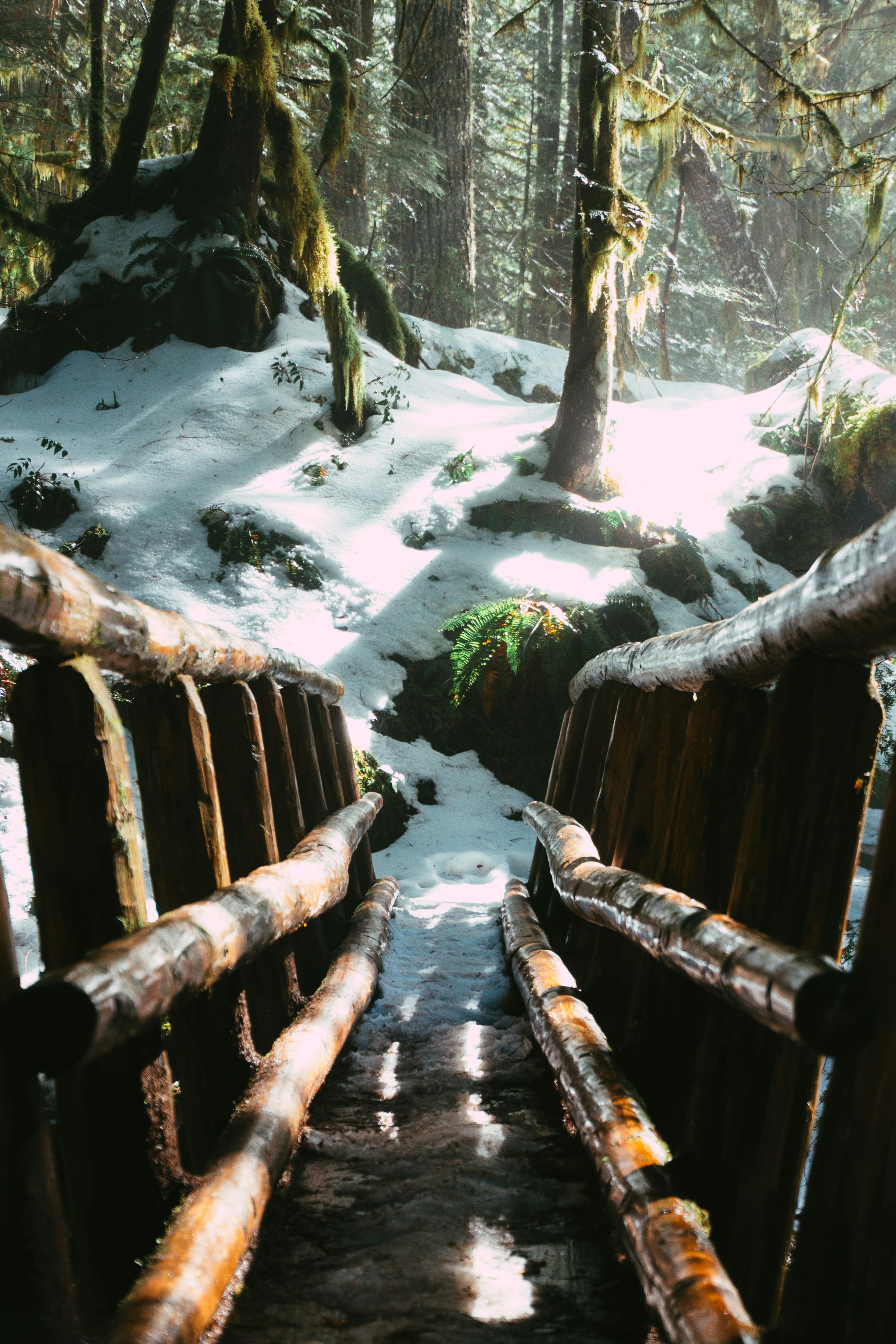 Braune Holzbrücke über den Fluss