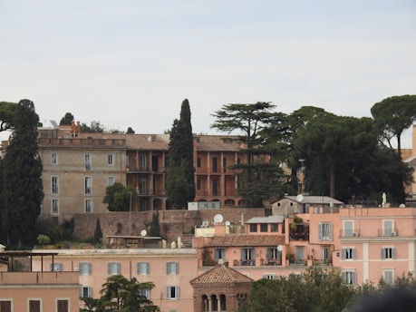 A historic cityscape featuring several old buildings with pink and beige facades, surrounded by lush green trees. Some of the buildings have rooftop terraces with satellite dishes, and the scene conveys an old-world charm.