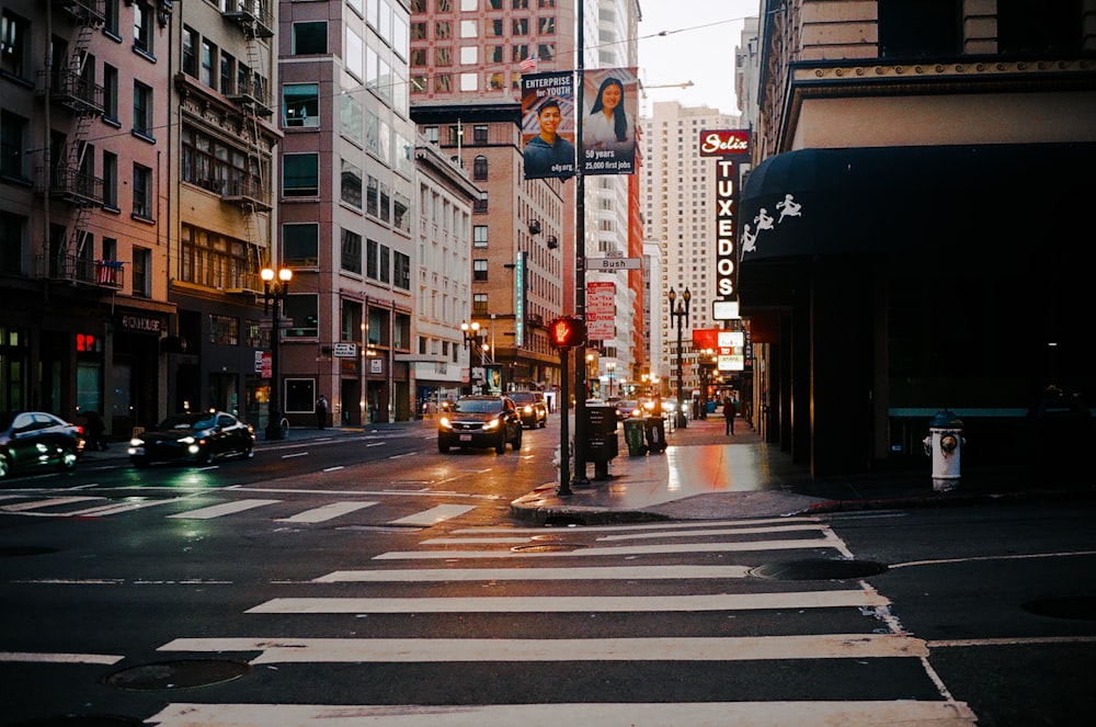 cars on road in between high rise buildings during daytime