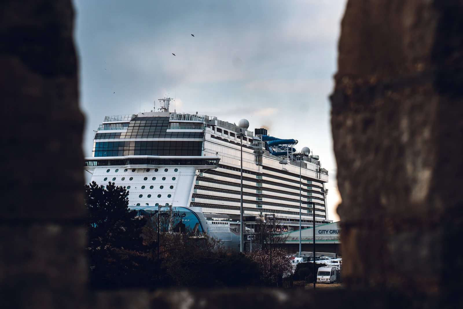 White and blue cruise ship moored at a dock