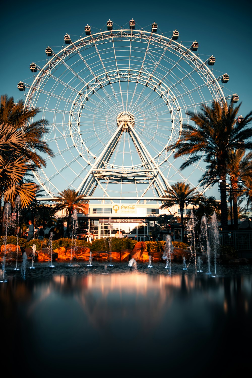 Grande roue blanche près d’un plan d’eau pendant la journée