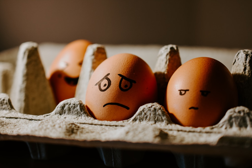 Performance review examples:  two brown eggs with a sad and annoyed face drawn on them