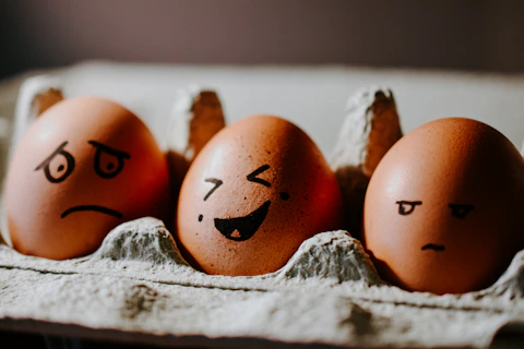 brown eggs on white textile with mixed emotions drawn on like faces