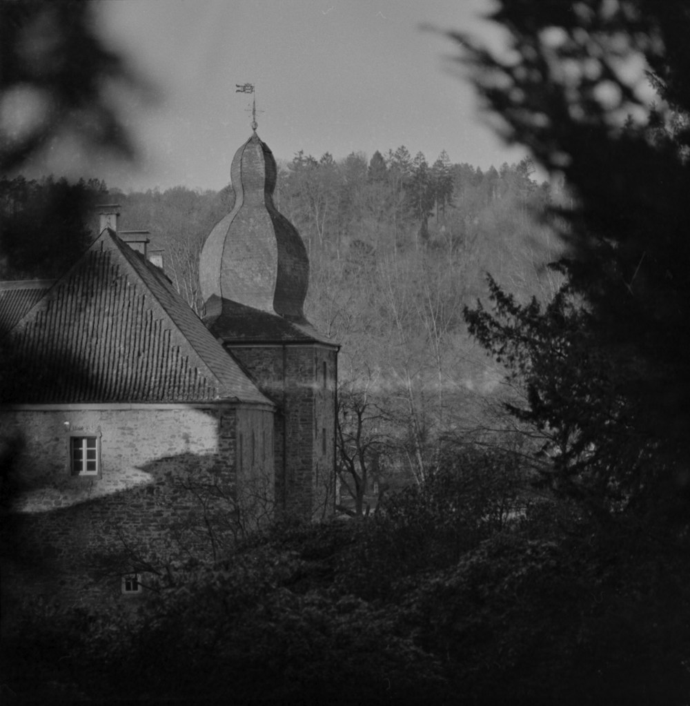 grayscale photo of house near trees