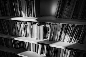 A monochrome photograph of a bookshelf filled with various books, arranged neatly. The shelves are partially illuminated by natural light, creating a contrasting pattern of light and shadow across the spines of the books.