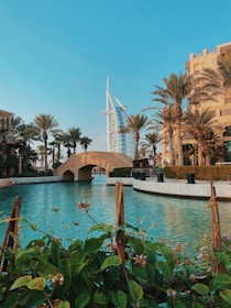 A stunning view with a modern sail-shaped skyscraper in the background, surrounded by palm trees and a serene waterway. A stone bridge arches over the water, with lush green plants and small flowers in the foreground.