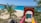 A tropical beach scene featuring a vibrant entryway labeled 'Baie Rouge' in bold yellow letters against a bright pink arch. Lush green palm trees frame the sandy beach, which borders the vivid turquoise sea under a clear blue sky.