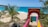 A tropical beach scene featuring a vibrant entryway labeled 'Baie Rouge' in bold yellow letters against a bright pink arch. Lush green palm trees frame the sandy beach, which borders the vivid turquoise sea under a clear blue sky.