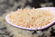 A close-up of uncooked diabetic rice grains on a wooden spoon.