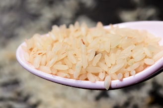 A white spoon holds a heap of uncooked rice grains, with a soft-focus background giving a sense of depth and texture.