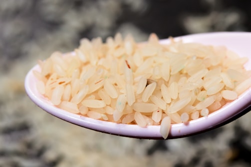 A white spoon holds a heap of uncooked rice grains, with a soft-focus background giving a sense of depth and texture.